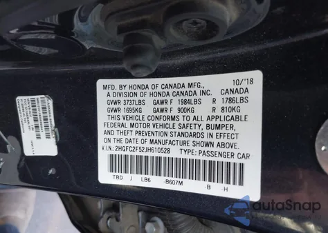 2018 Honda Civic Lx z USA, uszkodzony, nr VIN 2HGFC2F52JH610528